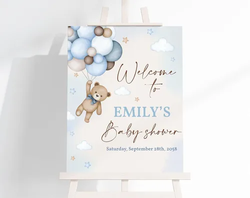 Vista 5 de Globo de aire caliente azul Boho Bear Can Bearly Wait Welcome Sign Decoración, descarga instantánea, letrero de plástico