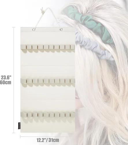 Vista 3 de Organizador de diadema colgante con 30 bucles elásticos para mujeres y niñas, diadema de pared, organizador para el hogar (beige)