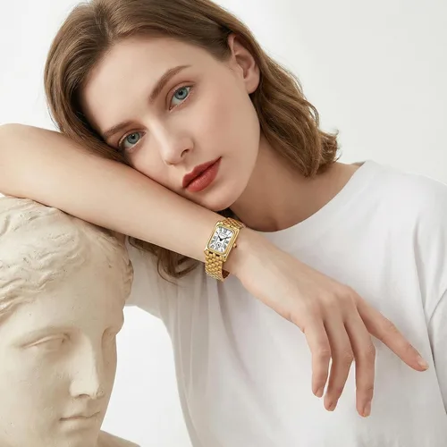 Vista 7 de Relojes dorados para mujer, pulsera vintage, esfera romana, rectangular, ultrafina, con herramienta de ajuste