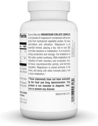 Vista 3 de Source Naturals Quelato de magnesio - Apoya la función nerviosa y muscular - 250 tabletas