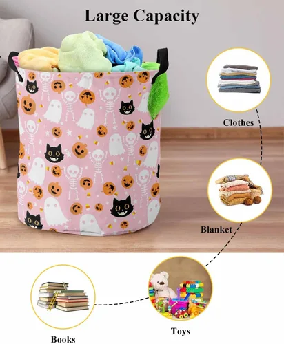 Vista 6 de Cesta de lavandería rosa para Halloween, bolsa plegable con asas fáciles de transportar, pequeña cesta plegable independiente, plegable, Blanco