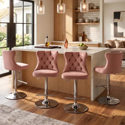 Vista 288 de SoarFlash Juego de 2 taburetes de bar tapizados de terciopelo moderno con patas de madera, botones acolchados, cabeza de clavo cromada, asiento