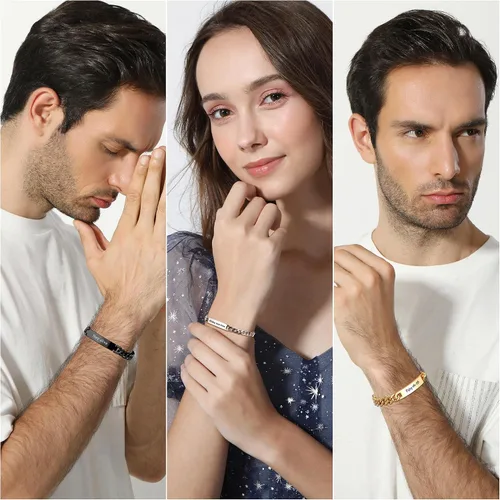 Vista 5 de OTXIXTO Pulseras personalizadas con nombre para hombresmujeres, pulseras a juego personalizadas para parejas, pulseras de acero inoxidable grabadas