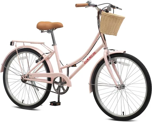 Vista 8 de ACEGER Girls Bike with Rattan Basket for 10+ Years, 24" 26" 1 & 7 Speed Comfort Commute Bicycle, Included Dual Brakes & Seat Rack, Adjustable