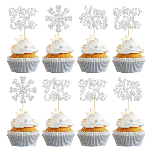 Vista 13 de Gyufise 24 piezas de copos de nieve Oh Baby Cupcake Toppers Glitter Winter Frozen Baby Shower Cupcake Picks para invierno, país de las maravillas