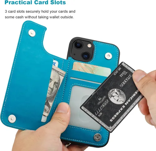 Vista 5 de Vaburs Funda compatible con iPhone 13 con tarjetero y diseño de mandala en relieve, de piel sintética, doble botones, a prueba de golpes, para Azul