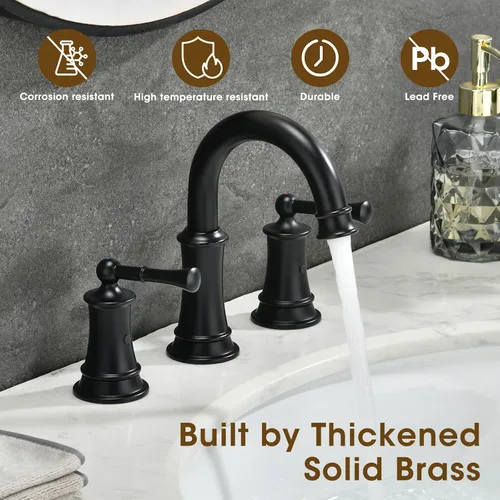 Vista 4 de Llave de baño negra, llave de lavabo de baño de 8 pulgadas con conjunto de drenaje emergente, llave de baño generalizada con líneas de suministro