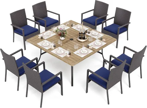 Vista 11 de PHI VILLA Juego de comedor al aire libre de 5 piezas para 4, mesa de comedor cuadrada de metal y sillas de mimbre de ratán con cojines, muebles