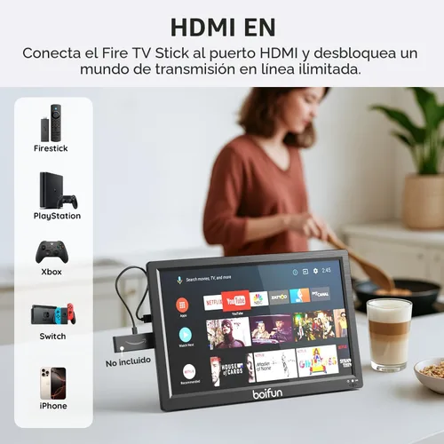 Vista 5 de Boifun Televisor portátil de 15.6 pulgadas con antena, reproductor de DVD integrado, radio FM, batería de 5000 mAh, compatible con entrada