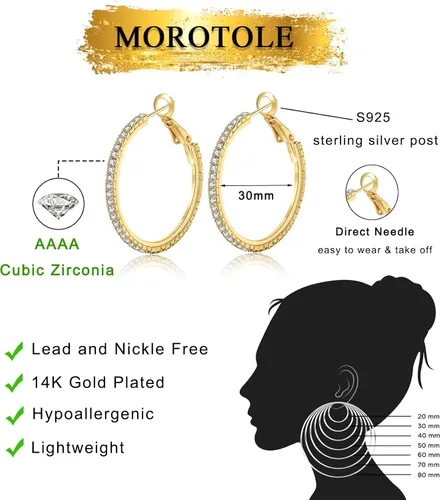 Vista 3 de MOROTOLE Aretes de aro de oro de 14 quilates con diamantes de imitación, finos, grandes, hipoalergénicos, para mujeres y niñas, regalos de joyería