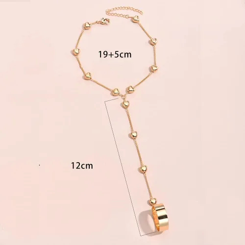 Vista 3 de Pulsera de anillo de cadena de oro esclavo de mano, pulsera de corazón para dedos, cadena de arnés de mano, joyería de moda para mujeres y niñas