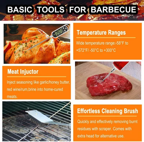 Vista 5 de Grilljoy Juego de 24 herramientas para parrilla de barbacoa con termómetro de carne e inyector, tenedor de acero inoxidable extragrueso, espátula