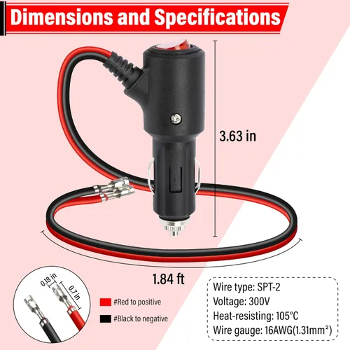 Vista 3 de BFXM Enchufe de encendedor de cigarrillos de 12 V con interruptor de encendido y apagado, adaptador de enchufe macho de repuesto automotriz de 16