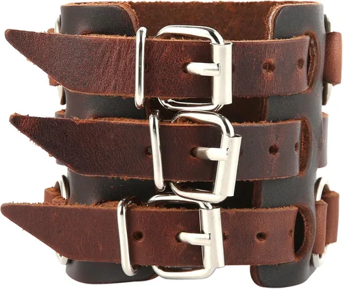 Vista 4 de HZMAN Anillo de aleación para hombre, pulsera de cuero genuino, tono plateado, ajustable