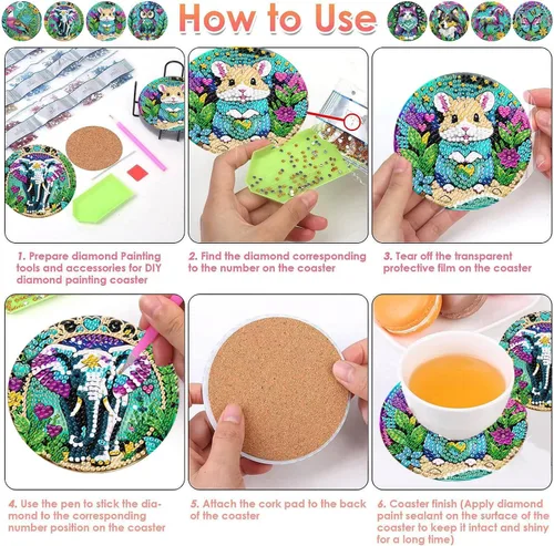 Vista 5 de ijbnhd 8 posavasos de pintura de diamantes de animales, posavasos de arte de diamantes con soporte para principiantes y adultos, suministros