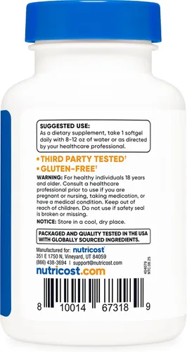 Vista 4 de Nutricost Astaxantina 4 mg, sin gluten y sin OMG, 120 cápsulas blandas (suministro para 4 meses)