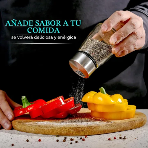 Vista 5 de Juego de saleros y pimenteros con agujeros de vertido ajustables - Dispensador de especias de acero inoxidable - Perfecto para sal rosa