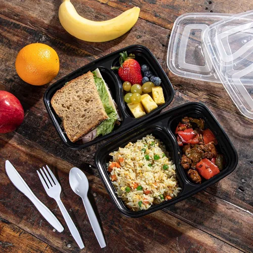 Vista 4 de Contenedor de preparación de comidas, reutilizable, 2 compartimentos con tapas, 28 onzas (25 juegos), recipientes de preparación de alimentos, caja