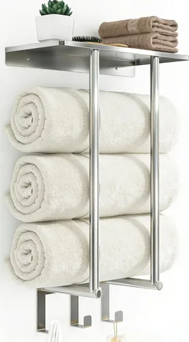 Vista 12 de Toalleros para baño, toallero con estante y 3 ganchos, soportes de almacenamiento de toallas de pared para toallas de baño enrolladas, color negro