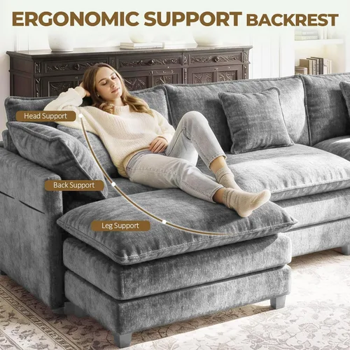 Vista 6 de LEVELEVE Sofá modular en forma de L de 112 pulgadas con 1 otomana, cama convertible de nube de asiento profundo, 3 cojines de 2 brazos, muebles Gris