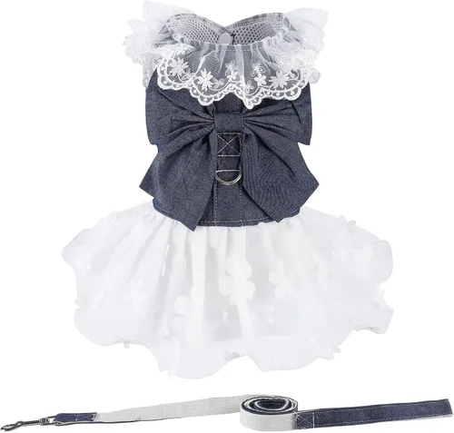 Vista 6 de Vestido de mezclilla para perro con anillo para correa, falda de princesa de malla de encaje con lazo para cachorro, ropa de moda para mascotas