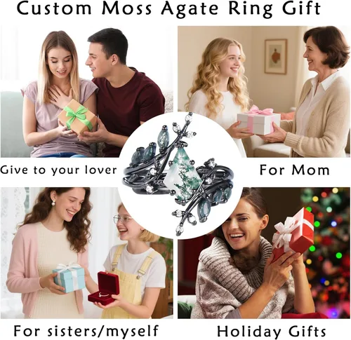 Vista 8 de Black Glod - Juego de anillos de compromiso de ágata musgo natural para mujer, anillo de compromiso de aniversario, plata de ley 925 o anillo