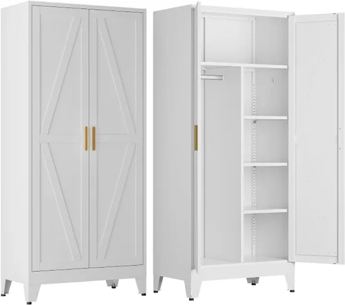 Vista 26 de COFaR Armario Armario con cajones y barra para colgar, armario de metal de 71 pulgadas con puertas y estante ajustable, armario de granja para Blanco