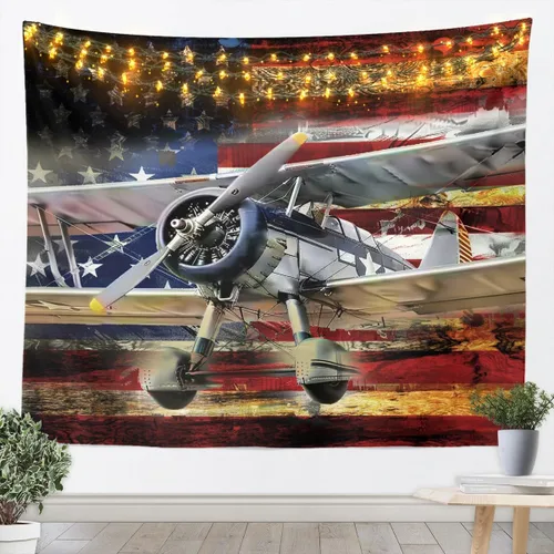 Vista 3 de jejeloiu Tapiz para colgar en la pared, diseño de bandera estadounidense, diseño de avión doble, para niños, manta de pared de aviones, mujeres