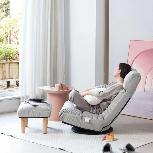 Vista 3 de Sofá de piso con reposapiés, sofá giratorio perezoso silla de ocio con respaldo ajustable para sala de estar, gris