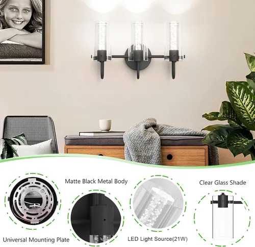 Vista 2 de Aipsun Lámparas de baño, luces negras de tocador con cristal de burbujas, 3 luces LED modernas, accesorios de iluminación de pared de baño sobre