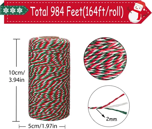 Vista 2 de Doumeny 6 rollos de cordel de algodón de Navidad de 984 pies de cuerda de algodón para panaderos de Navidad, cuerda de algodón rojo, verde y blanco
