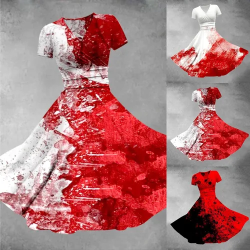 Vista 2 de CRNTCEM Vestido de Halloween acampanado para mujer, para carnaval, talla grande, estampado de salpicaduras de sangre roja aterradora, cuello en V