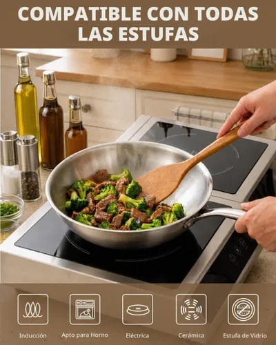 Vista 4 de LOLYKITCH Wok Pan de acero inoxidable de tres capas de 11 pulgadas con tapa