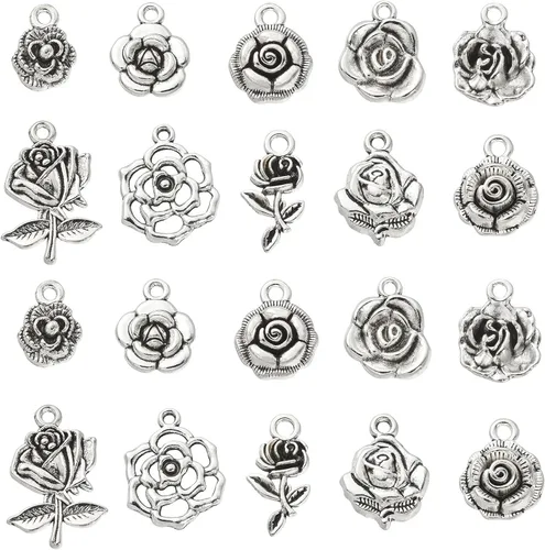 Vista 7 de UR Urlifehall 100 dijes tibetanos con nudo de lazo plateado y mariposa, colgantes de aleación de estilo tibetano para aretes y fabricación de joyas