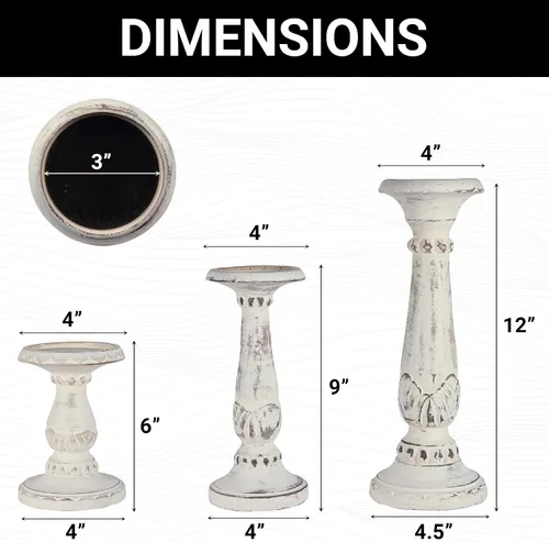 Vista 2 de Mela Artisans Pakshi - Juego de 3 portavelas de madera de mango de 6, 9 y 12 pulgadas, color blanco envejecido, portavelas de madera para mesa