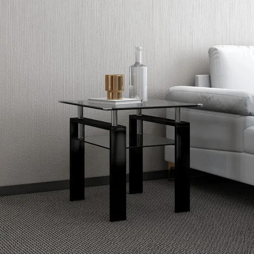 Vista 3 de SSLine Mesa auxiliar de vidrio templado, moderna mesa auxiliar rectangular transparente de 2 niveles con estante inferior, mesas centrales de vidrio