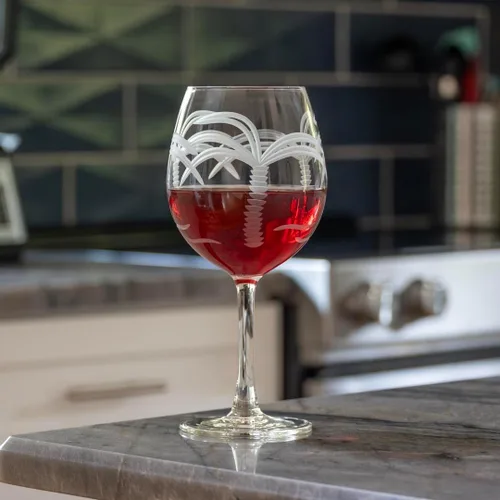 Vista 4 de Rolf Glass Copa de vino con globo de palmera, copas de vino tinto de 18 onzas, sin plomo, cristal grabado con rueda de diamante, diseño de palmera