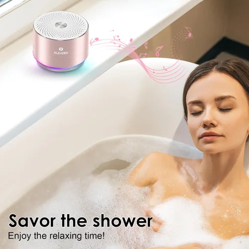 Vista 8 de Mini altavoz Bluetooth para la ducha, altavoz impermeable IPX6, con luces RGB, micrófono, cordón de silicona portátil, ventosa, sonido claro