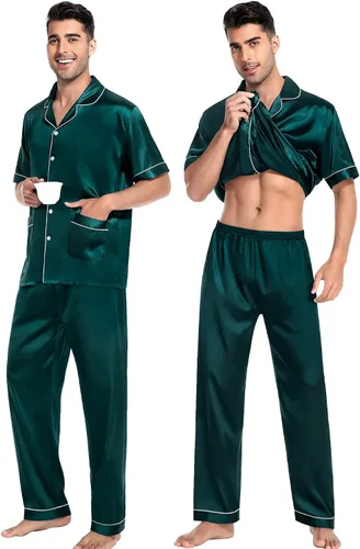 Vista 3 de SWOMOG Conjunto de pijama de satén de seda para mujer, manga corta, con botones, 2 piezas, con bolsillos