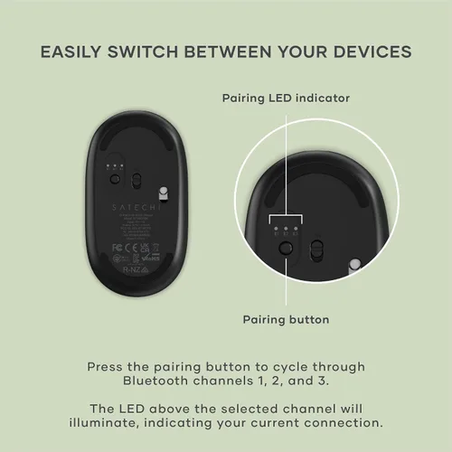 Vista 7 de Satechi OntheGo Mouse Bluetooth con batería recargable USB C, conecta hasta 3 dispositivos, mouse inalámbrico compacto y portátil para laptop, Negro
