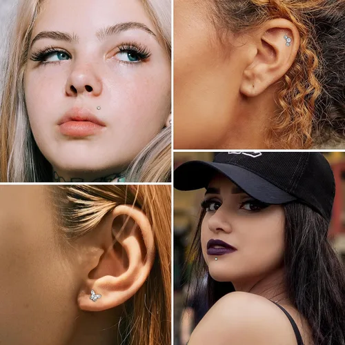 Vista 6 de NICEIGHT 4 aretes de titanio G23 de 16G sin rosca para labret Monroe, aretes hipoalergénicos para cartílago para orejas sensibles, espalda plana