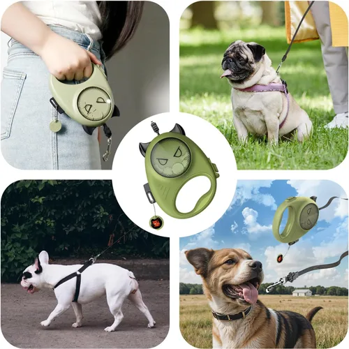 Vista 8 de Correa retráctil para perro, cinta de nailon fuerte de 13 pies, bloqueo automático, sin enredos, freno de un toque, agarre cómodo, divertido diseño
