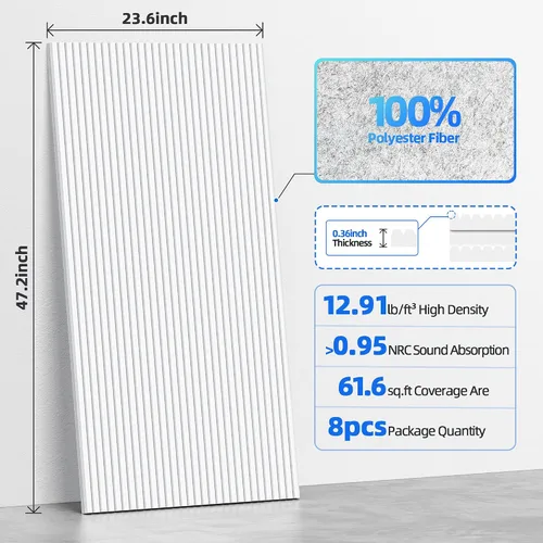 Vista 6 de Paquete de 8 paneles acústicos grandes que absorben el sonido con autoadhesivo, 47.2 x 23.6 x 0.36 pulgadas, paneles de espuma a prueba de sonido