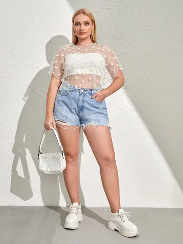 Vista 6 de Floerns Blusa de malla transparente de manga corta para mujer, talla grande