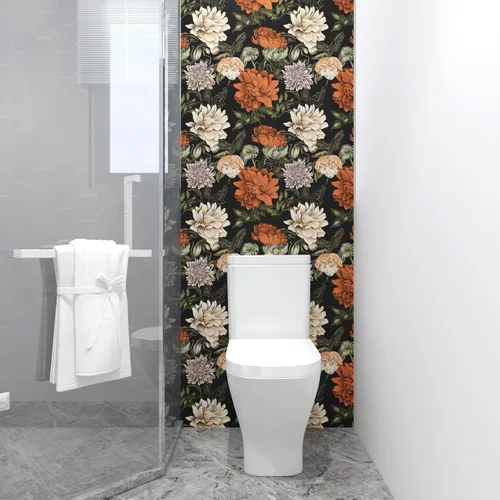 Vista 3 de Papel tapiz bohemio floral para despegar y pegar, papel de contacto vintage y naranja de 17.5 x 118 pulgadas, papel de pared moderno de flores Negro