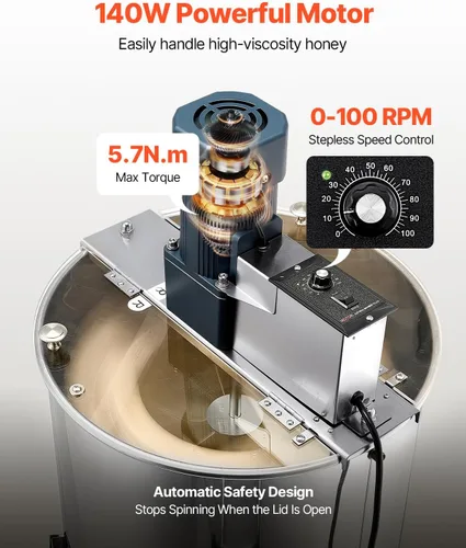 Vista 3 de VEVOR Extractor eléctrico de miel, extractor de miel de 3 marcos con tapa transparente, centrifugadora de tambor de panal de acero inoxidable