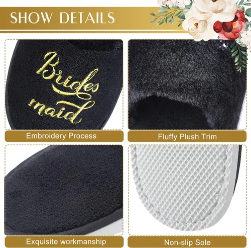 Vista 6 de 7 pares de pantuflas de boda bordadas de tribu de novia y novia, pantuflas de novia peludas, pantuflas blancas para novia, regalo de dama de honor