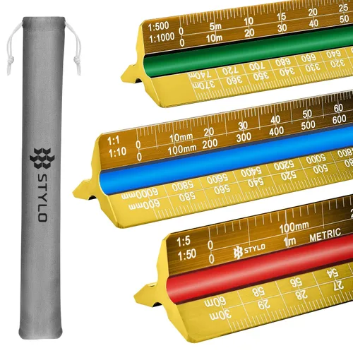 Vista 15 de Stylo Regla de escala de arquitecto de aluminio de 12" con grabado láser, regla triangular de dibujo, ranuras codificadas por color para planos, Gris