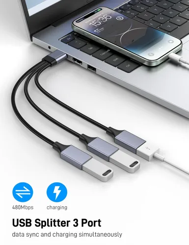 Vista 2 de Divisor USB Y 1 en 3 salidas, USB macho a 3 hembras Cable para PC, tableta, portátil, MacBook, teclado, PS4, PS5, mouse, FlashDrive, LED, etc.