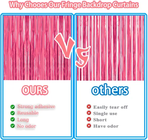Vista 3 de Paquete de 2 cortinas de flecos de papel de oropel metálico rosa para fiestas, telón de fondo de fotos, serpentinas para cumpleaños, graduación, Año
